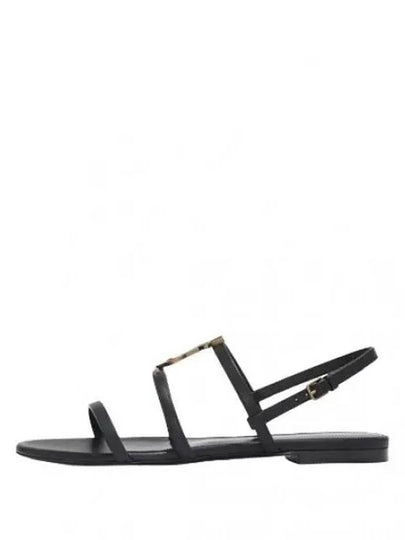 Women's Smooth Leather Gold Tone Monogram Detail Cassandra Flat Sandals Black - SAINT LAURENT - BALAAN 2