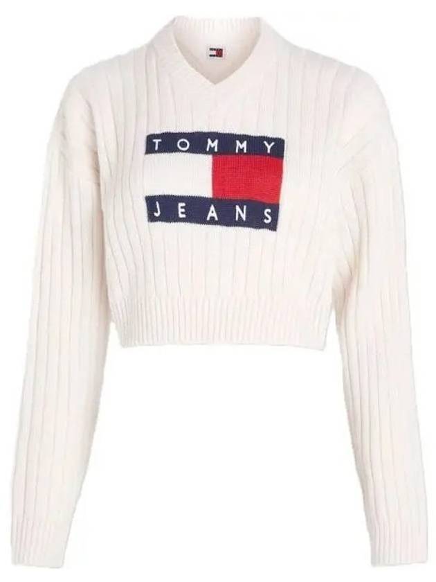 Flag V Neck Cropped Knit Top Ancient White - TOMMY HILFIGER - BALAAN 1