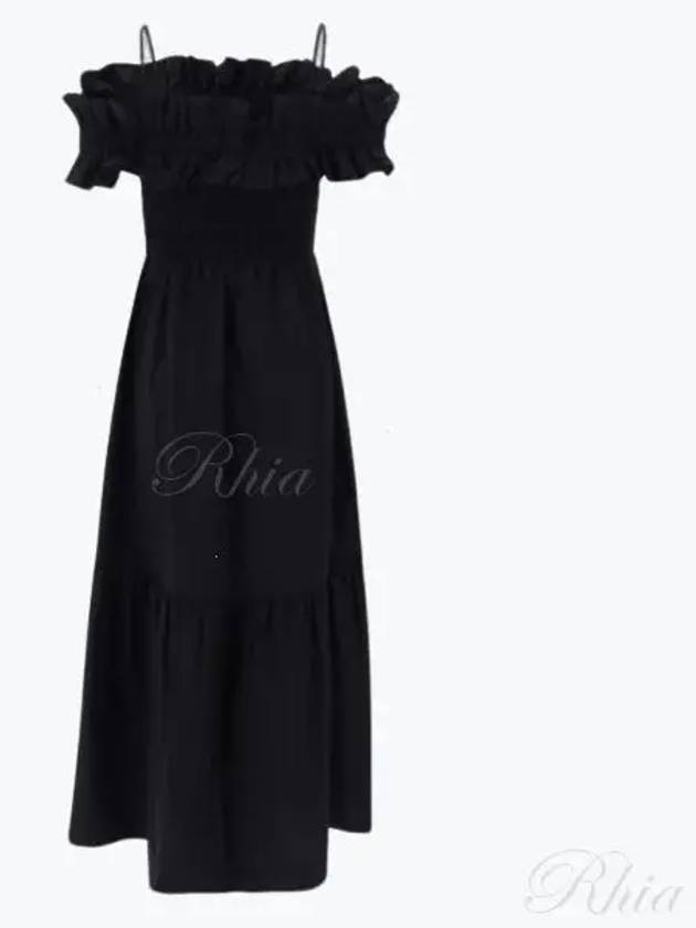 Poplin Off Shoulder Smoke Midi Dress Black - GANNI - BALAAN 2