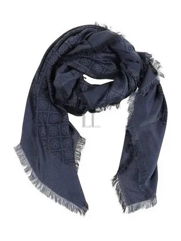 T Monogram Jacquard Traveler Scarf Navy - TORY BURCH - BALAAN 2