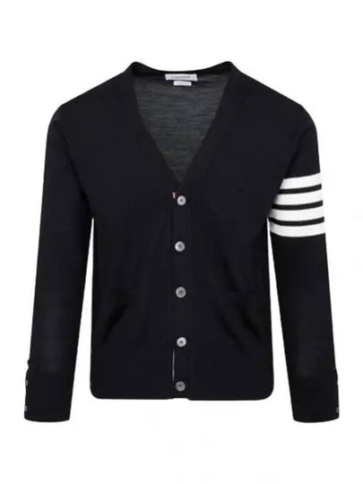 Sustainable Fine Merino Wool 4-Bar Relaxed Fit V-Neck Cardigan Navy - THOM BROWNE - BALAAN 2