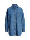 Women's Oversized Logo Embroidery Long Denim Shirt Light Blue - POLO RALPH LAUREN - BALAAN 2