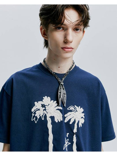 Palm tree eyelet chain embroidery t shirt navy - S SY - BALAAN 2