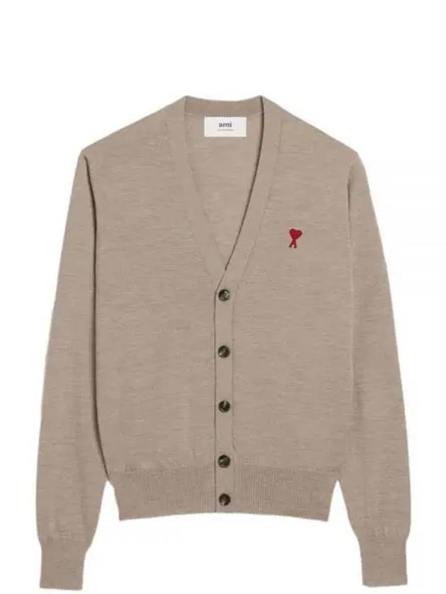 Red Heart Logo Merino Wool Cardigan Beige - AMI - BALAAN 2