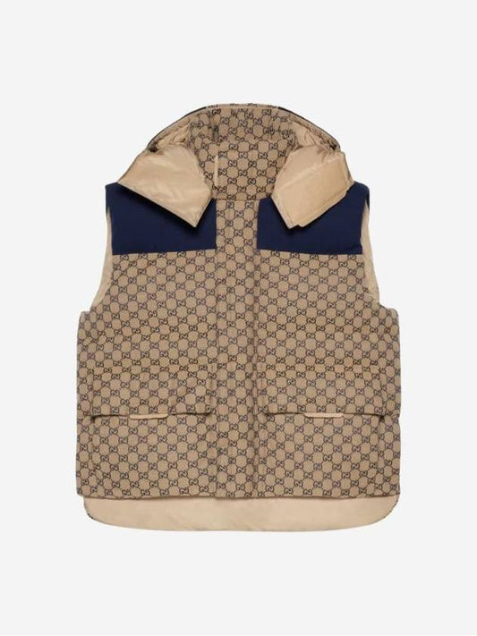 GG Canvas Down Vest With Detachable Hood Beige Blue - GUCCI - BALAAN 2