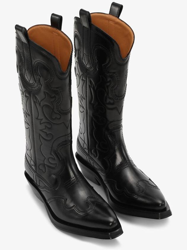 Black Mid Shaft Embroidered Western Boots Suede S2824 - GANNI - BALAAN 1