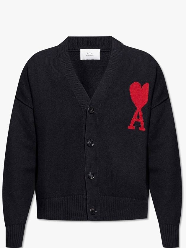 Heart Logo V Neck Wool Cardigan Black - AMI - BALAAN 2