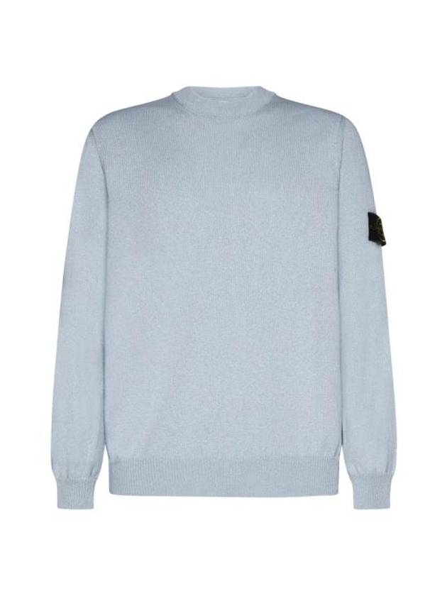 Compass Motif Crew Neck Regular Fit Cotton Knit Top Blue - STONE ISLAND - BALAAN 1