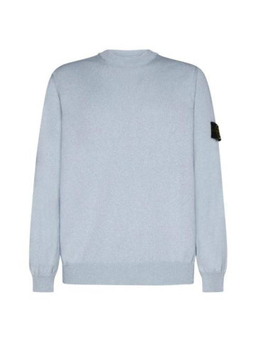 Compass Motif Crew Neck Regular Fit Cotton Knit Top Blue - STONE ISLAND - BALAAN 1