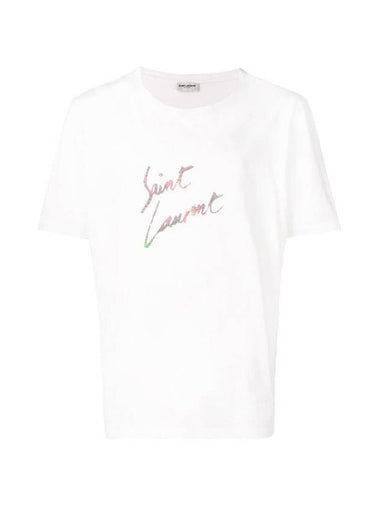 Men's Animal Pattern Logo Short Sleeve T-Shirt White - SAINT LAURENT - BALAAN 1