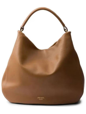 Logo Large Leather Shoulder Bag Camel - PRADA - BALAAN 1