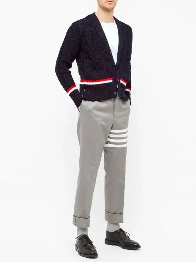 Men's Striped Aran Cable V-Neck Cardigan Navy - THOM BROWNE - BALAAN 5