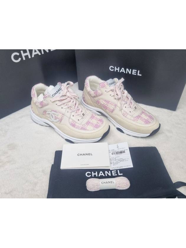 CC Logo Cotton Tweed Suede Calfskin Low Top Sneakers Pink Ecru - CHANEL - BALAAN 9