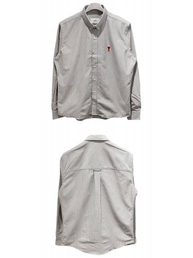 Men's Heart Logo Striped Button Down Long Sleeve Shirt Grey - AMI - BALAAN 5