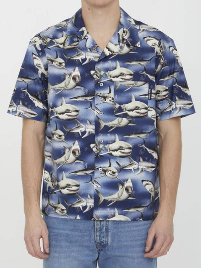 Shark Print Short Sleeve Shirt Blue - PALM ANGELS - BALAAN 2