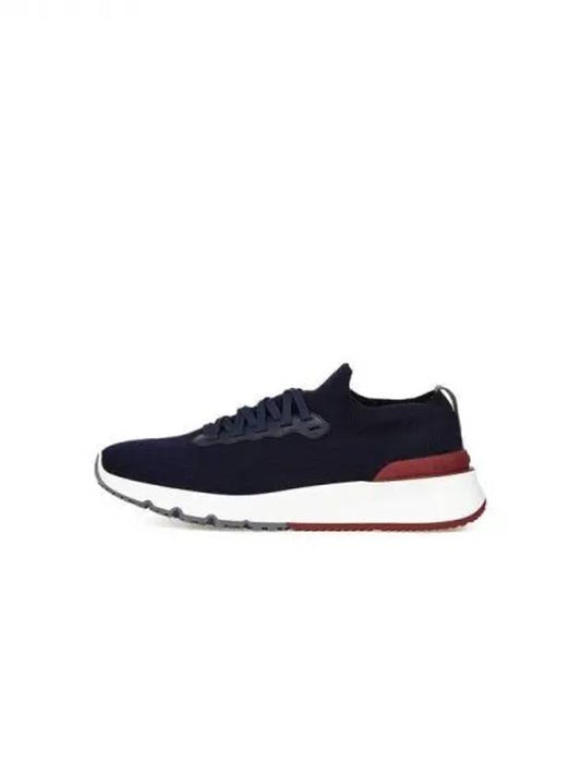 Men s Leather Patch Platform Knit Sneakers Navy 270167 - BRUNELLO CUCINELLI - BALAAN 1