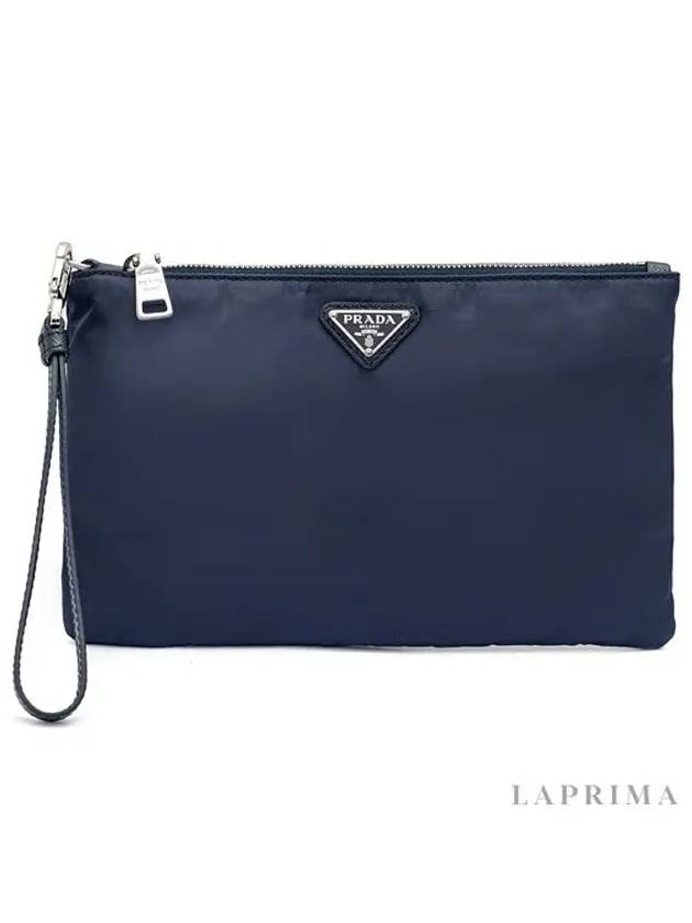 Saffiano Leather Strap Nylon Clutch Bag Navy - PRADA - BALAAN 5