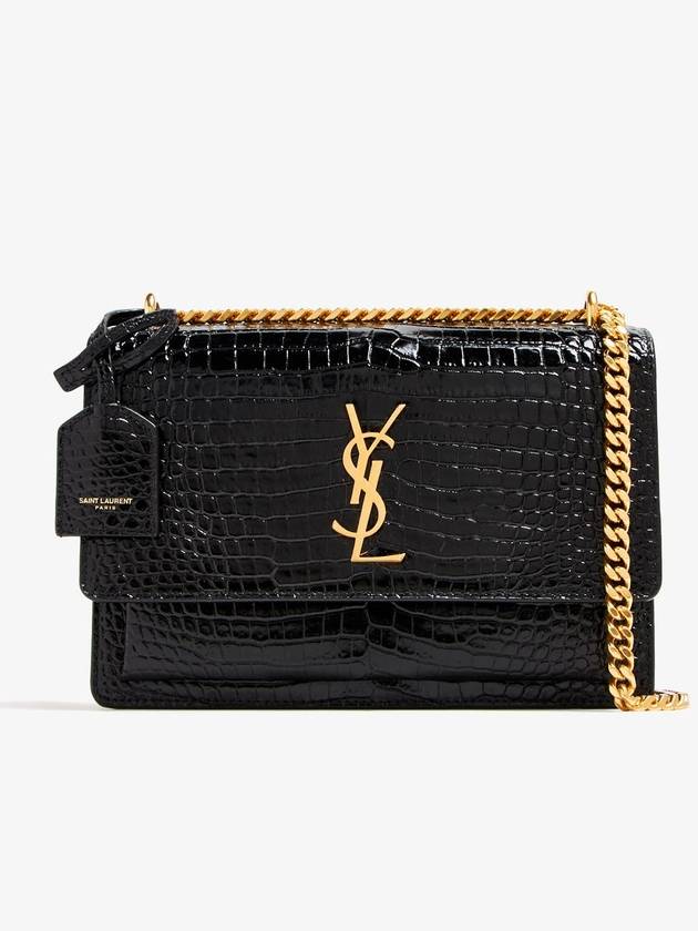 Gold Hardware Sunset Crocodile Embossed Leather Shoulder Bag Black - SAINT LAURENT - BALAAN 2