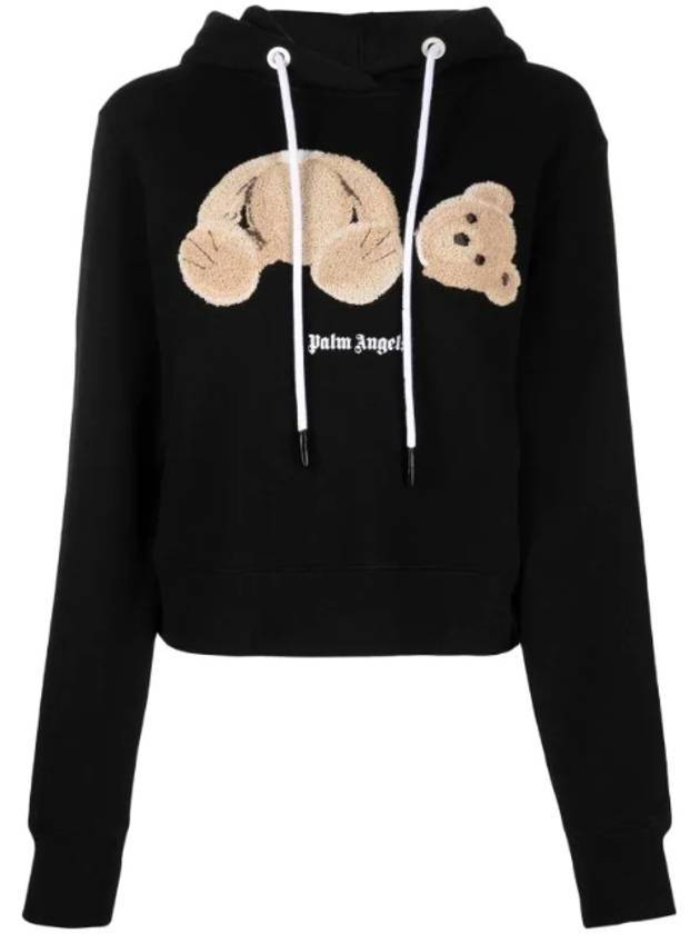 Bear Logo Print Roadstring Cotton Hoodie Black - PALM ANGELS - BALAAN 1