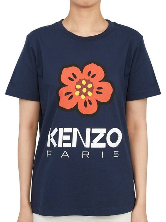 Women's BOKE Flower Loose Fit Short Sleeve T-Shirt Navy - KENZO - BALAAN.