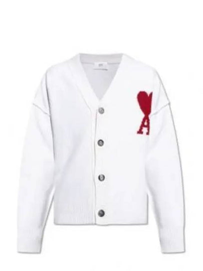 Heart Logo V Neck Wool Cardigan Off White - AMI - BALAAN 2