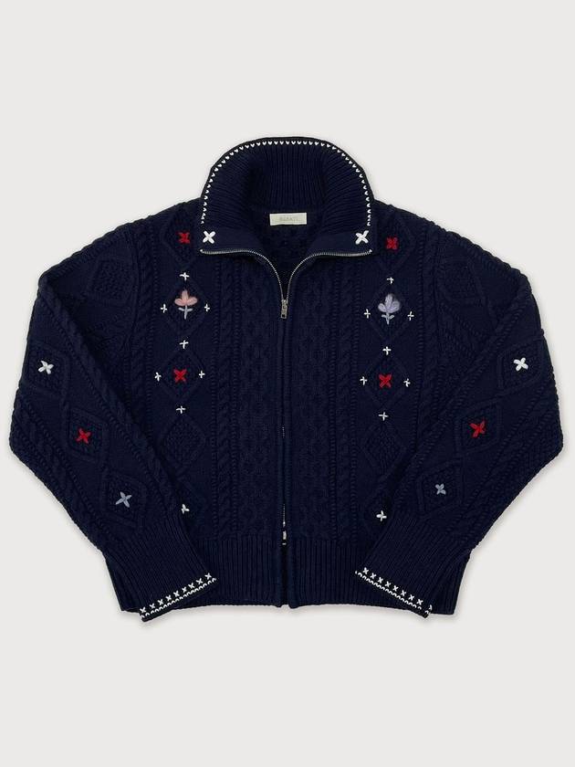 Alps Knit Zip up Cardigan Flower Stitched by Hand NAVY Women s Embroidery - RUBATI - BALAAN 2