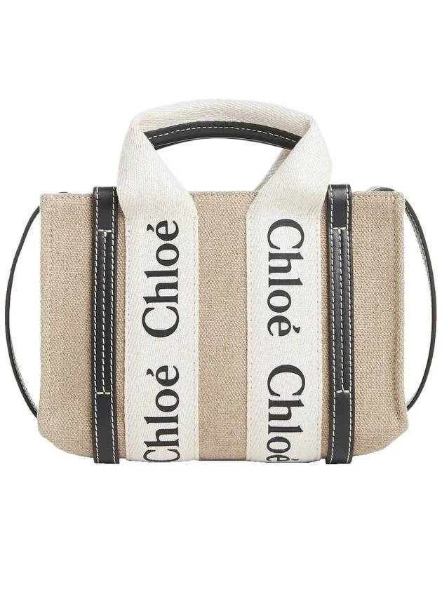 Woody Linen Canvas Calfskin Tote Bag White Navy - CHLOE - BALAAN 3