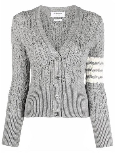 Women's Irish Pointelle Cable 4 Bar V Neck Cardigan Light Grey - THOM BROWNE - BALAAN 2