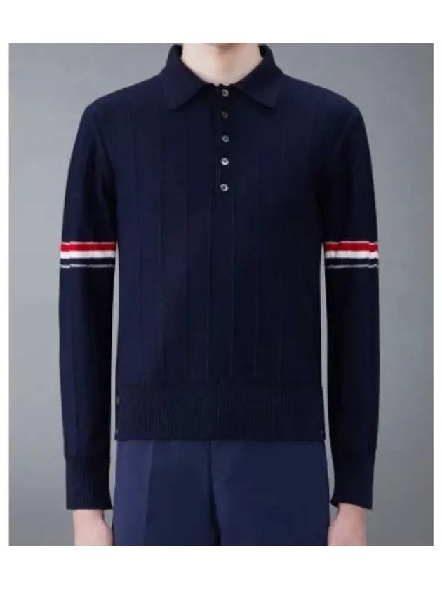 Striped Virgin Wool Long Sleeve Polo Shirt Navy - THOM BROWNE - BALAAN 2