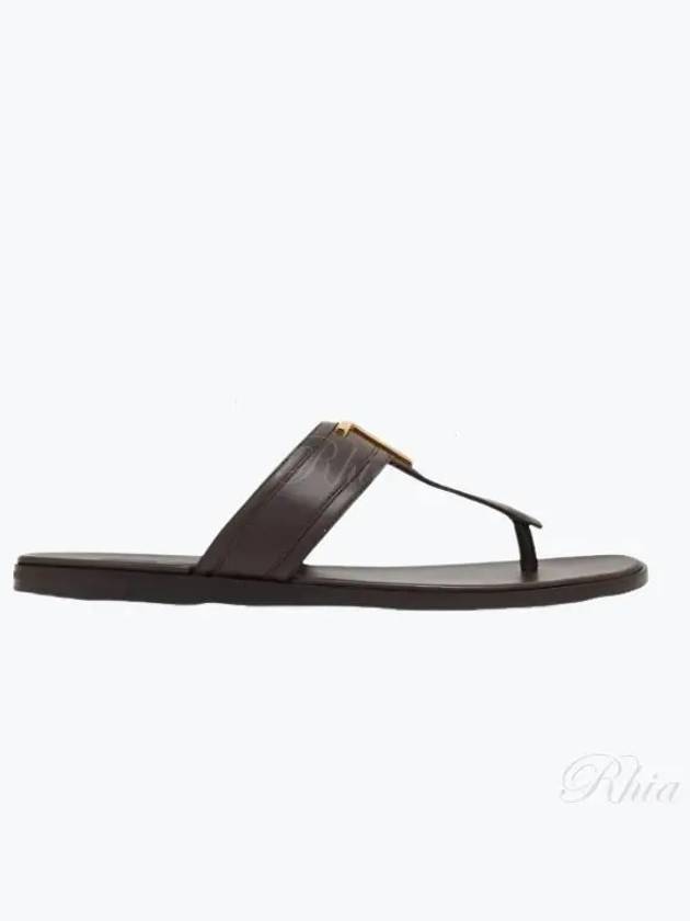 TF Logo Decorated Leather Flip Flops Brown - TOM FORD - BALAAN 2