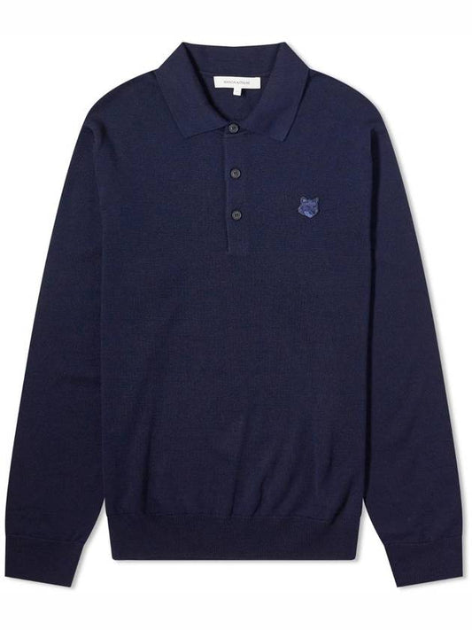 Fox Motif Knitted Polo Shirt Ink Blue - MAISON KITSUNE - BALAAN 1