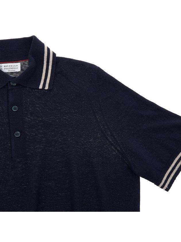 Striped Edge Linen Cotton Blend Polo Shirt Navy - BRUNELLO CUCINELLI - BALAAN 5