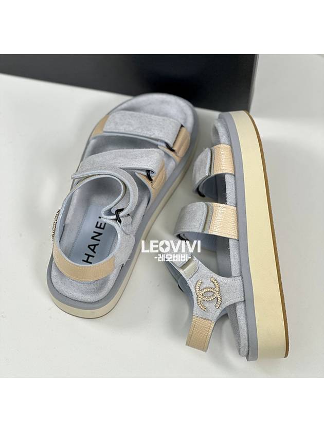 Logo Gold Velcro Suede Strap Sandals Beige Blue - CHANEL - BALAAN 4