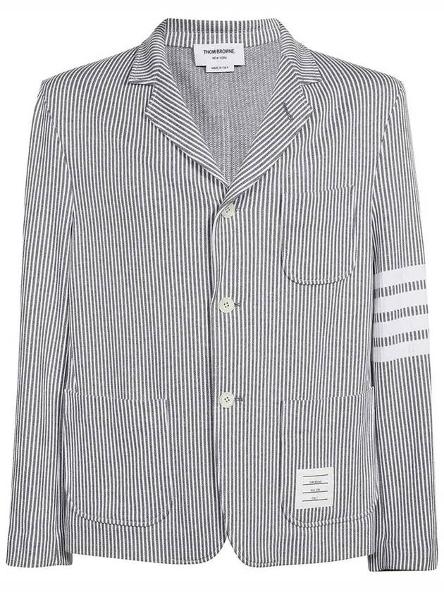 Men's 4 Bar Seesucker Loopback 4 Bar Sack Cardigan Grey - THOM BROWNE - BALAAN 3