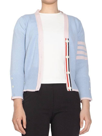 4Bar Stripe V Neck Cashmere Cardigan Light Blue - THOM BROWNE - BALAAN 2