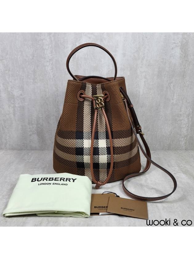 TB Small Knit Check Leather Bucket Bag Dark Birch Brown - BURBERRY - BALAAN.