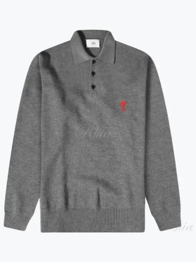 Small Heart Extra Fine Merino Wool Polo Shirt Grey - AMI - BALAAN 2