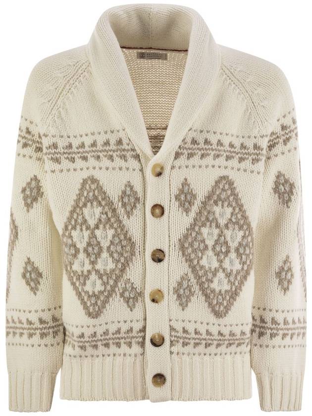 Geometric Jacquard cashmere feather cardigan with shawl collar - BRUNELLO CUCINELLI - BALAAN 1