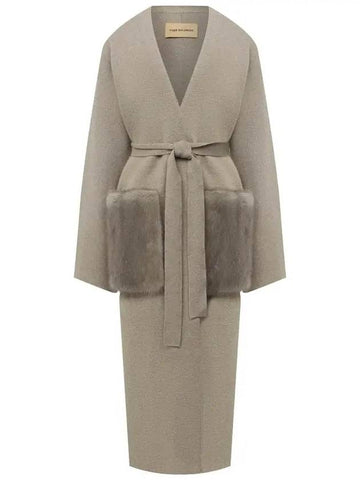 Women's Mink Pocket Belt Single Coat Beige - YVES SALOMON - BALAAN 1