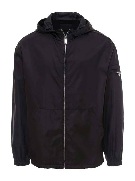 Men's Triangle Logo Re-Nylon Hooded Zip-Up Jacket Black - PRADA - BALAAN.