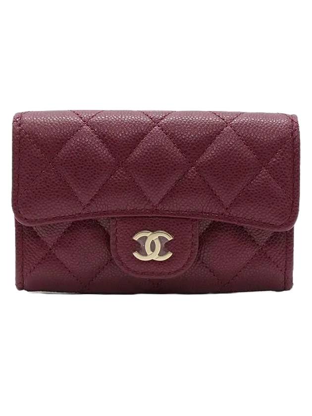 Classic Gold Logo Grained Shiny Calfskin Card Wallet Burgundy - CHANEL - BALAAN 1