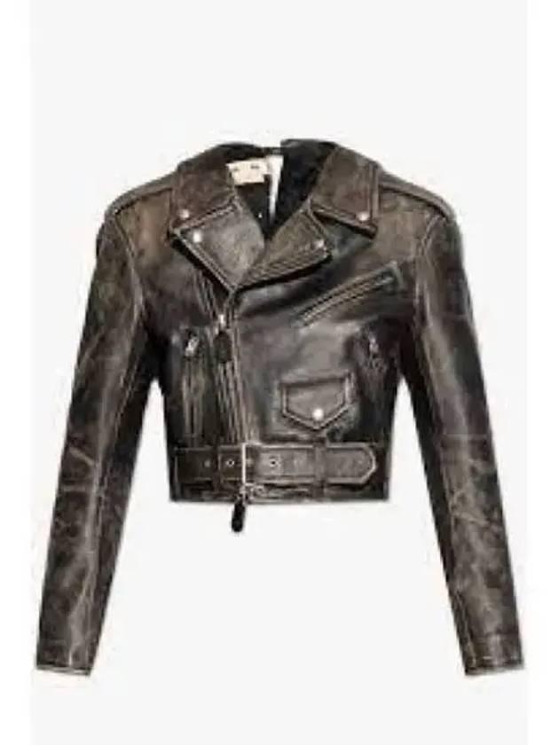 Women's Two-Tone Leather Crop Biker Jacket Black - MARNI - BALAAN 2