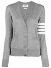 Sustainable Fine Merino Wool 4-Bar Relaxed Fit V-Neck Cardigan Light Grey - THOM BROWNE - BALAAN 4