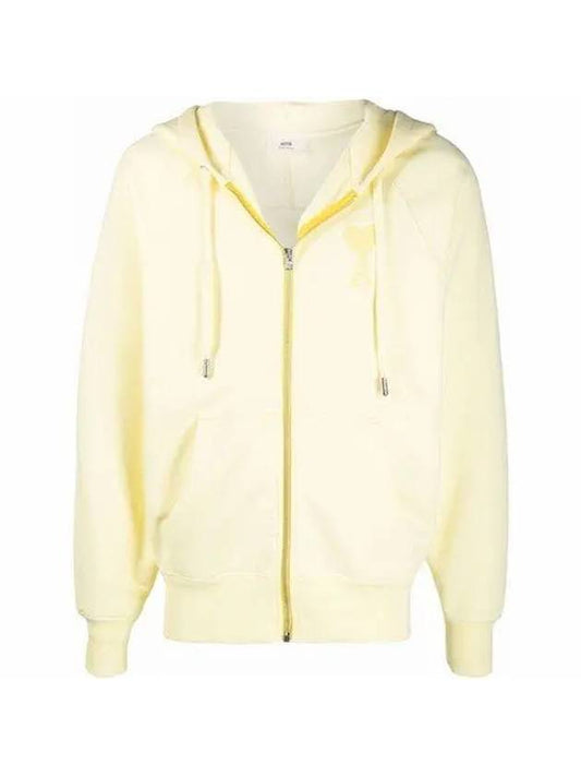 Men's Heart Embroidered Logo Zip-Up Hoodie Pale Yellow - AMI - BALAAN 2