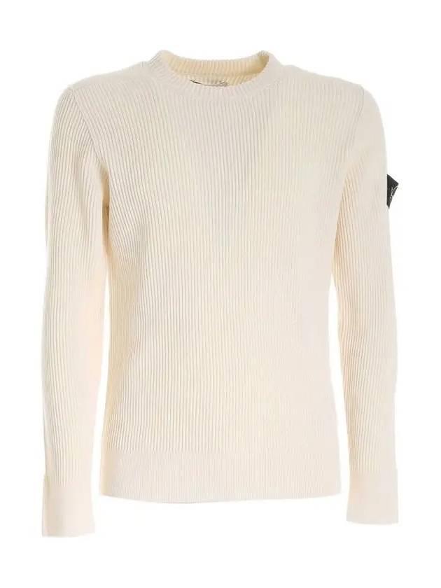 Full Rib Pure Wool Crewneck Knit Top Off White - STONE ISLAND - BALAAN 3