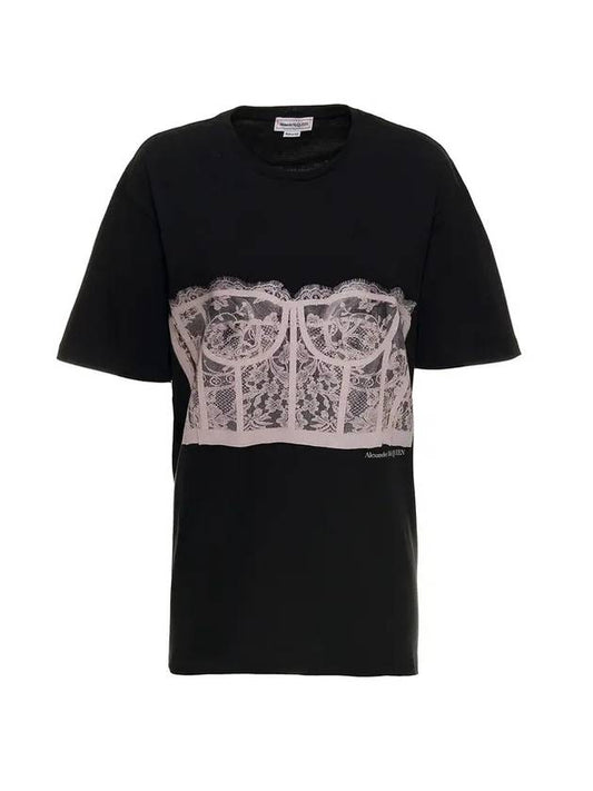 Lace Corset Print Short Sleeves T-Shirt Black - ALEXANDER MCQUEEN - BALAAN 1