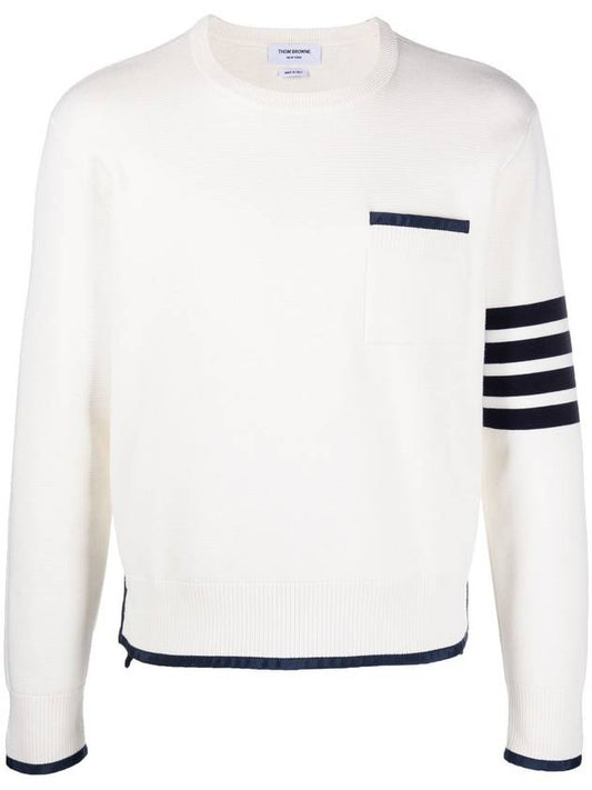 Milano Stitch 4-Bar Boxy Crew Neck Pullover Knit Top White - THOM BROWNE - BALAAN.