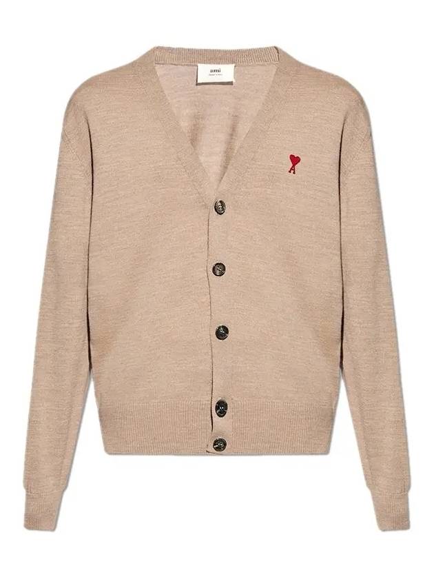 Red Heart Logo Merino Wool Cardigan Beige - AMI - BALAAN 2