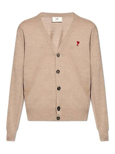 Red Heart Logo Merino Wool Cardigan Beige - AMI - BALAAN 2