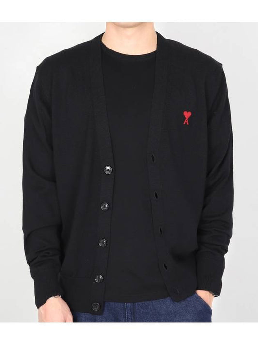 Red Heart Logo Merino Wool Cardigan Black - AMI - BALAAN 2